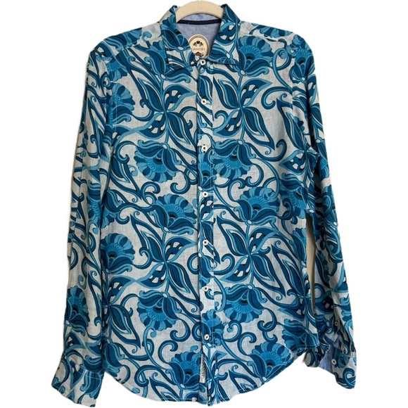 Ganesh Linen Blue White Floral Button Up Shirt Size S - Picture 1 of 16